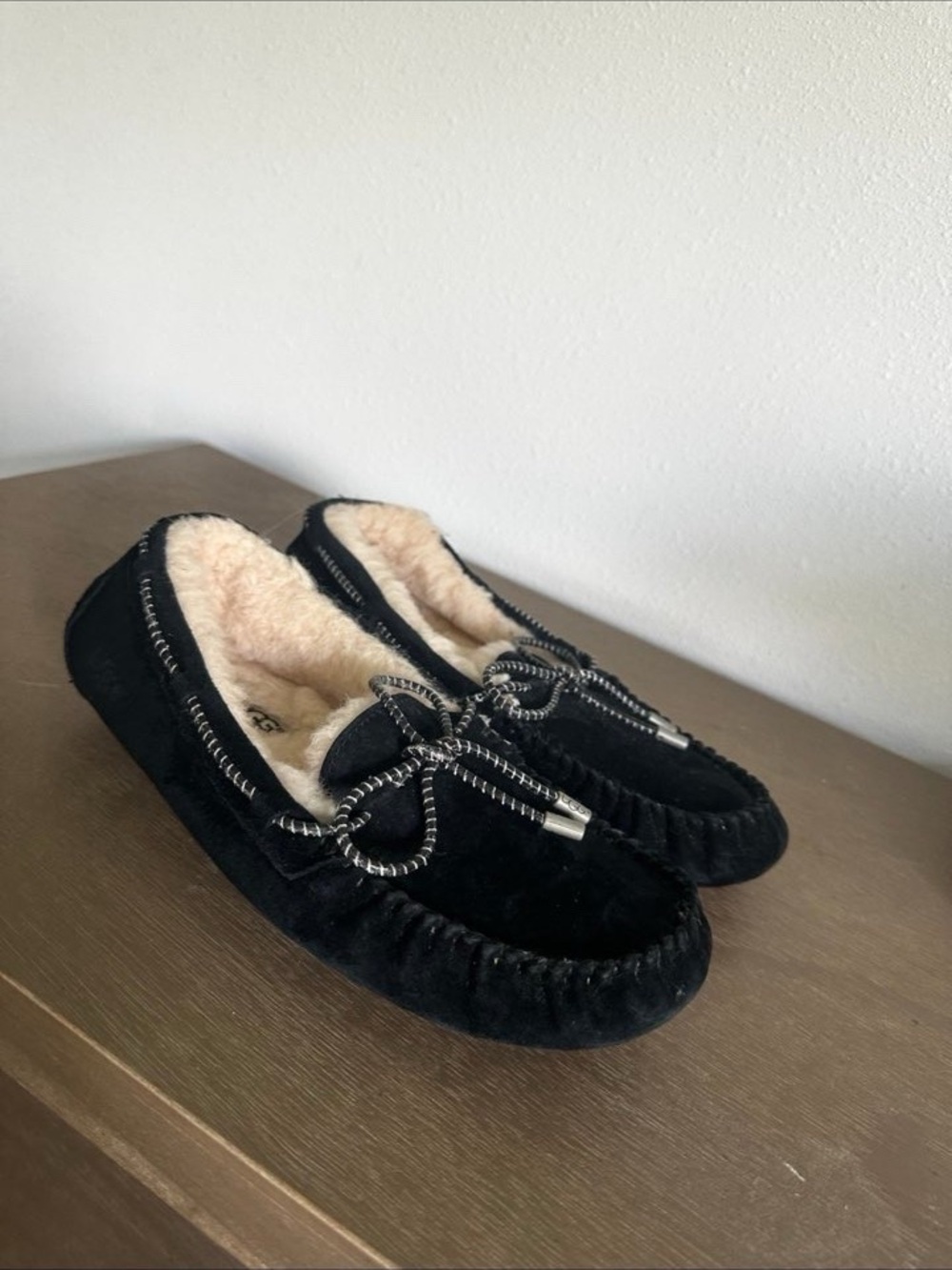 UGG Black Suede Shearling-Lined Moccasin Slippers